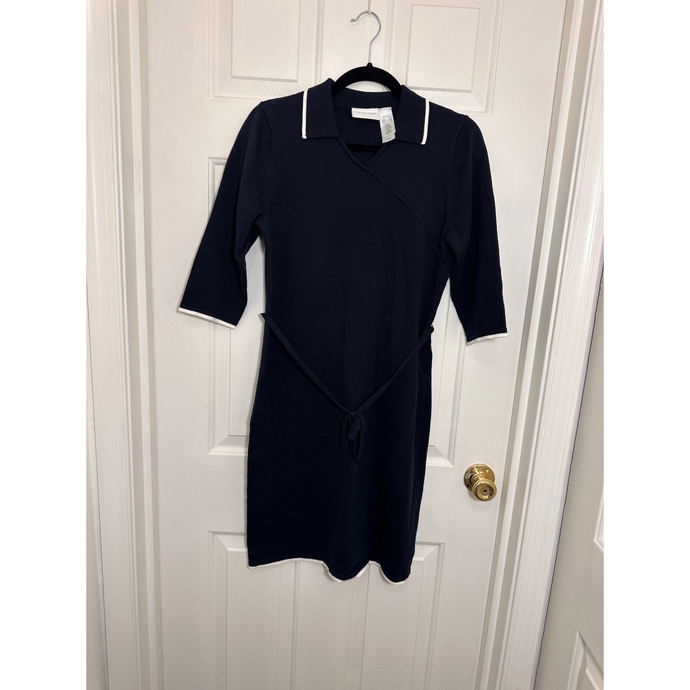 Liz‎ Claiborne Liz & Co Petite Navy Blue Knit Polo Sweater Dress Tie Waist Small